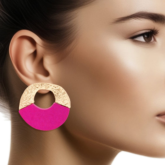 Studs Medium Gold Fuchsia Wood Circle Earrings