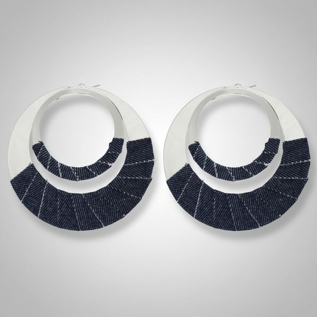 Hoop Denim Jeans Silver Double Ring Urban Earrings