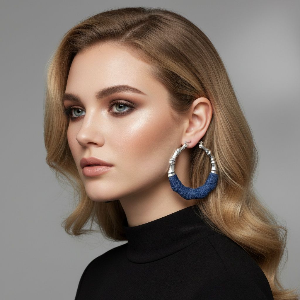 Hoop Denim Jeans Silver Bamboo Texture Earrings