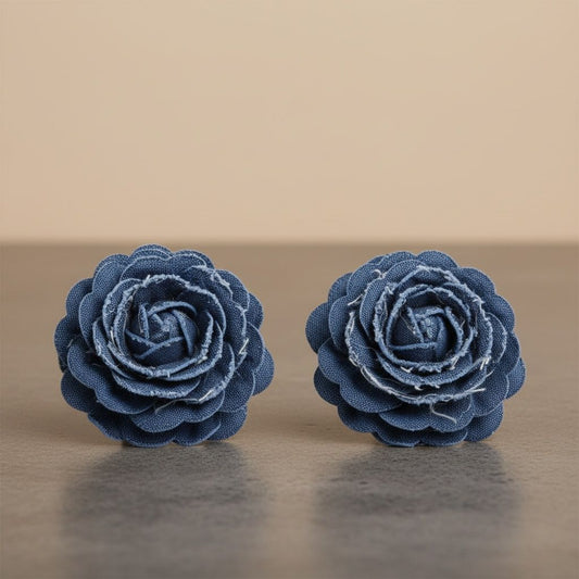 Stud Blue Denim Jeans 3D Flower 2.5 inch Earrings