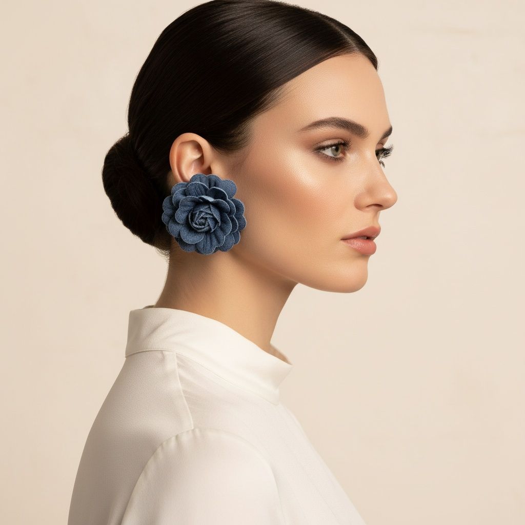 Stud Blue Denim Jeans 3D Flower 2.5 inch Earrings