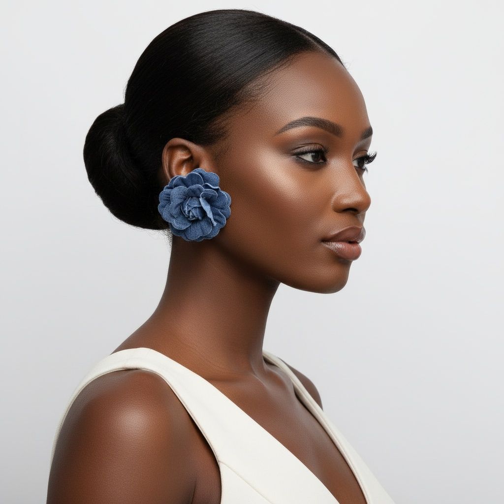 Stud Blue Denim Jeans 3D Flower 2.5 inch Earrings