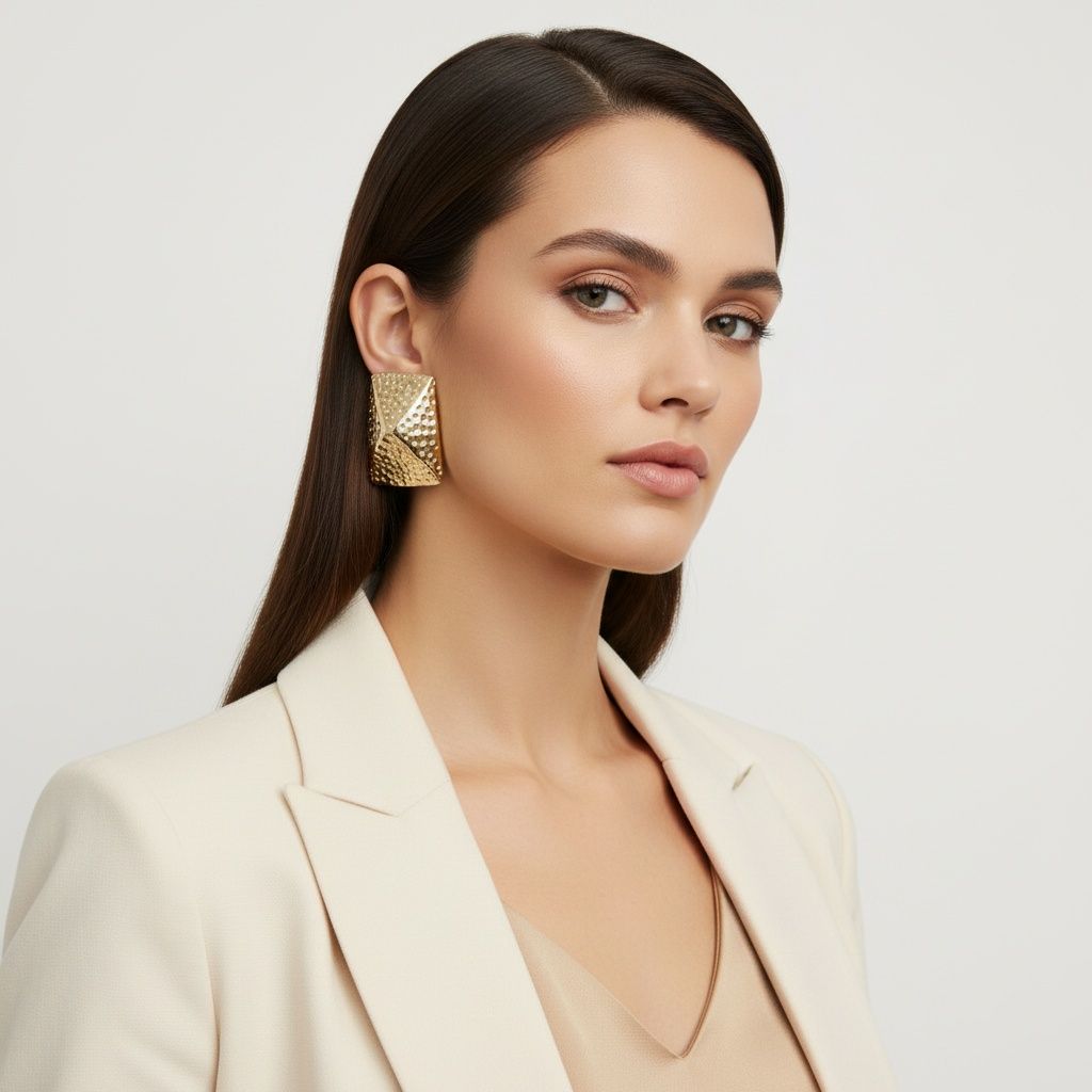 Clip On Geometric Hammered Chunky Gold Earrings