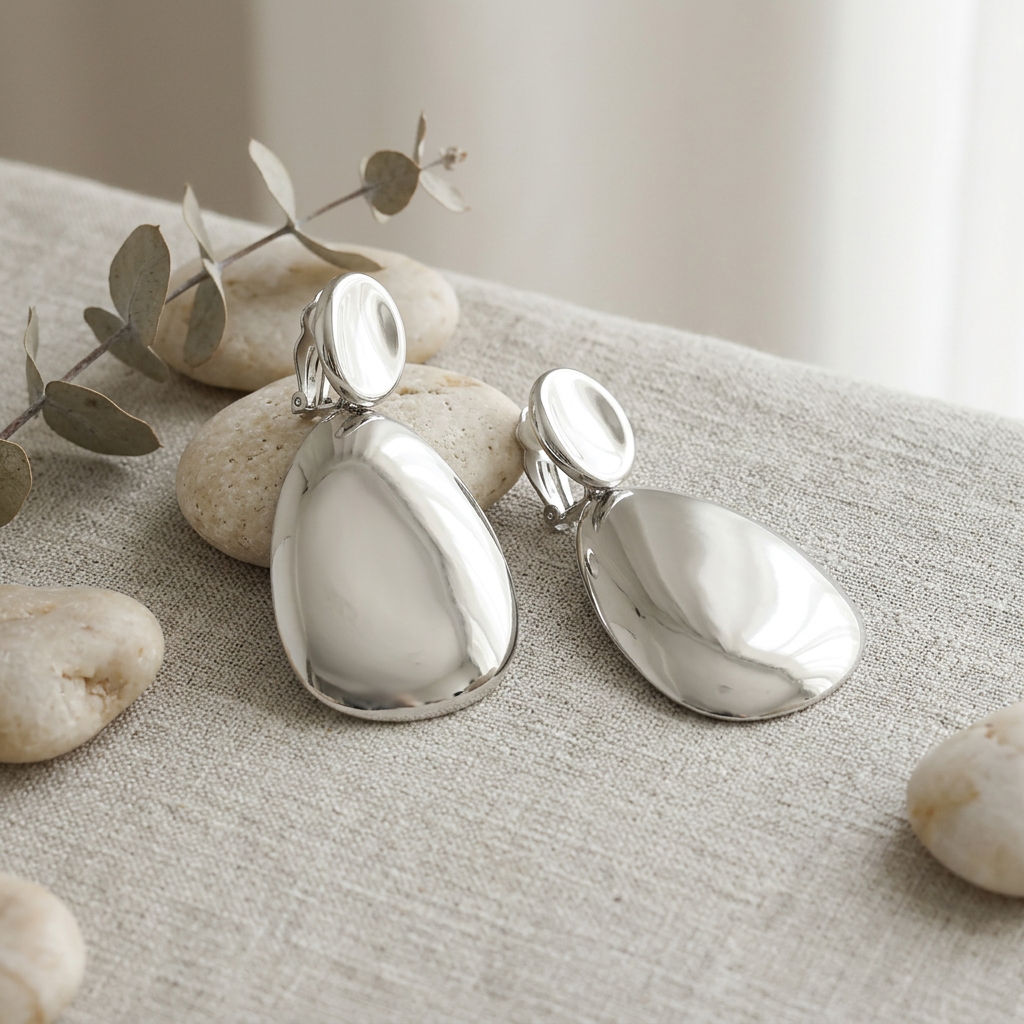 Clip On XL Silver Polished Curved Oval Earrings