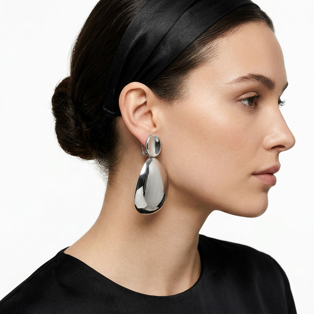 Clip On XL Silver Polished Curved Oval Earrings