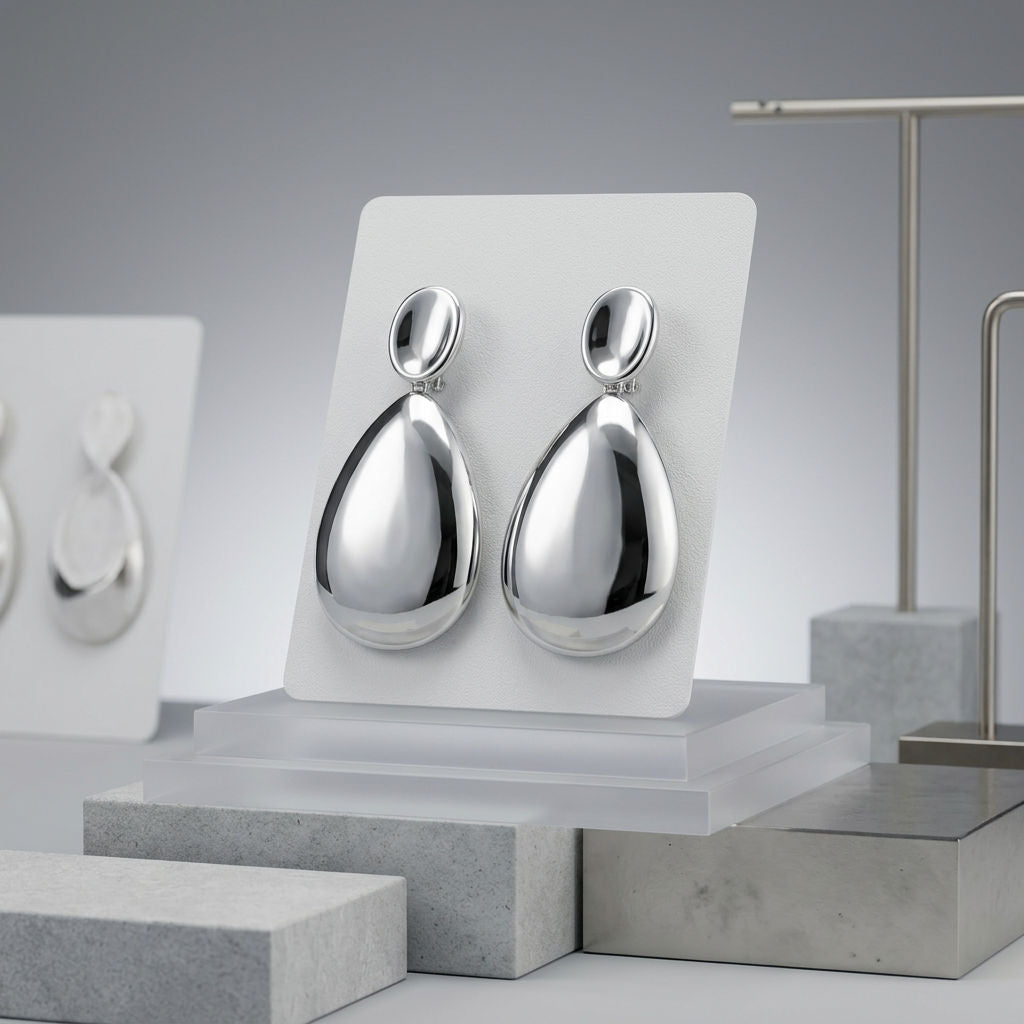 Clip On XL Silver Polished Curved Oval Earrings