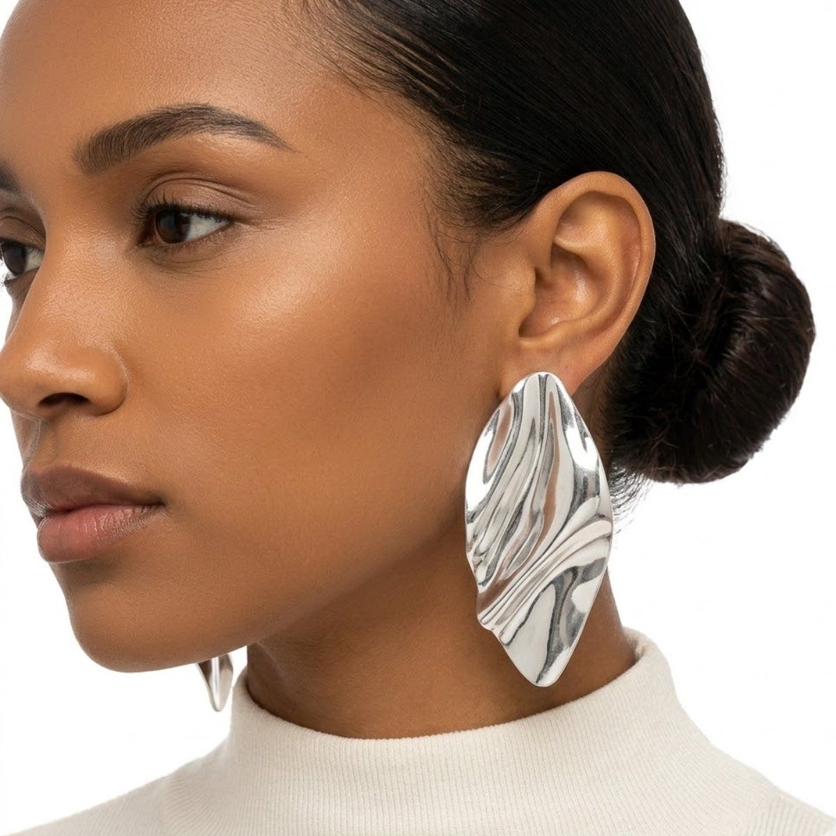 Clip On Silver Mirror Polish Melted Metal Earrings