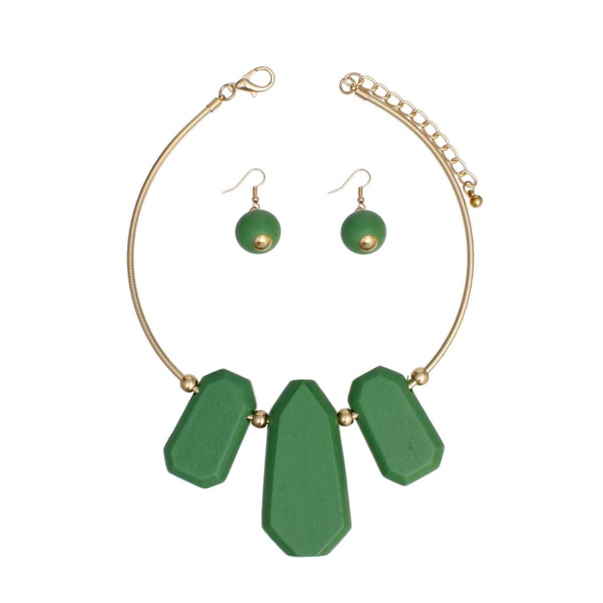Bib Green Chunky Wood Gold Rigid Collar Necklace