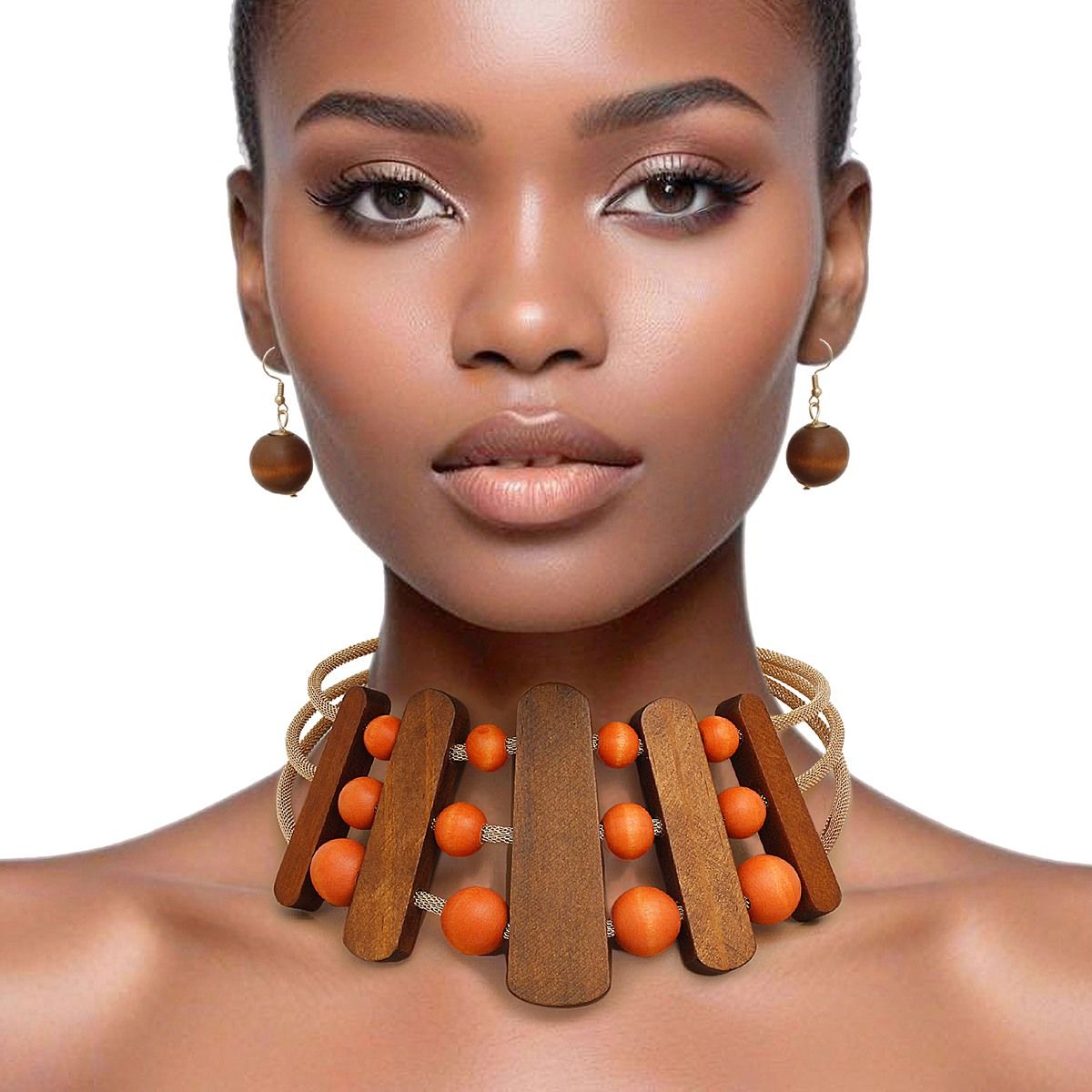 Necklace Brown Orange Wood Choker Set for Women