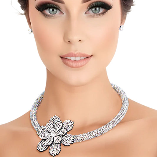 Choker Silver Bling Offset Flower Set for Women