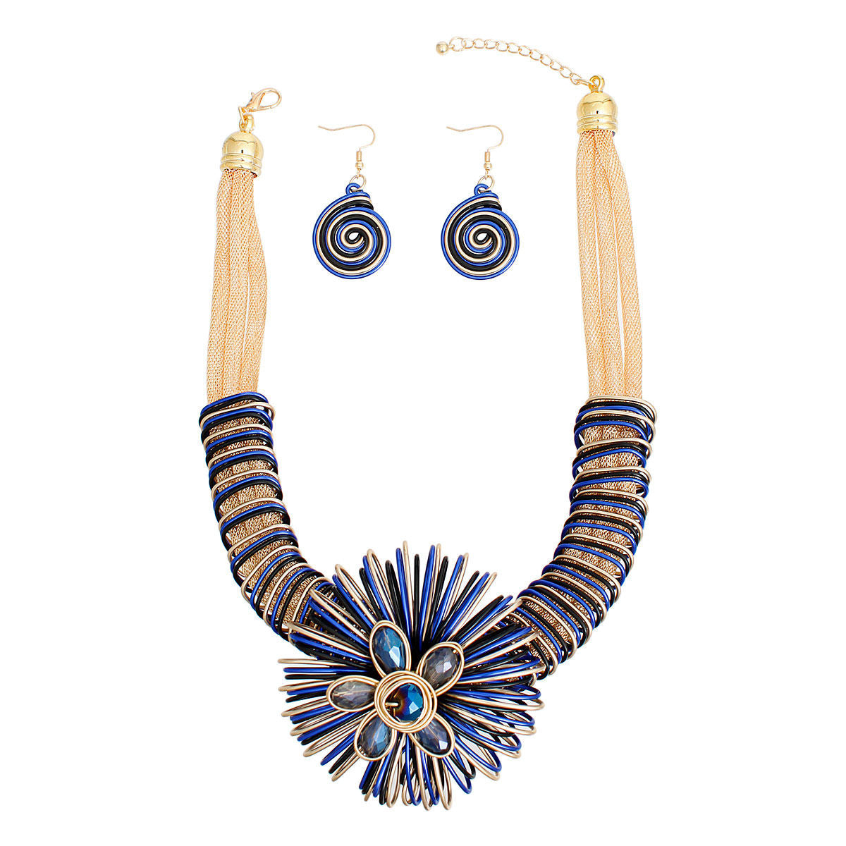 Statement Necklace Blue Wire Flower Set for Women