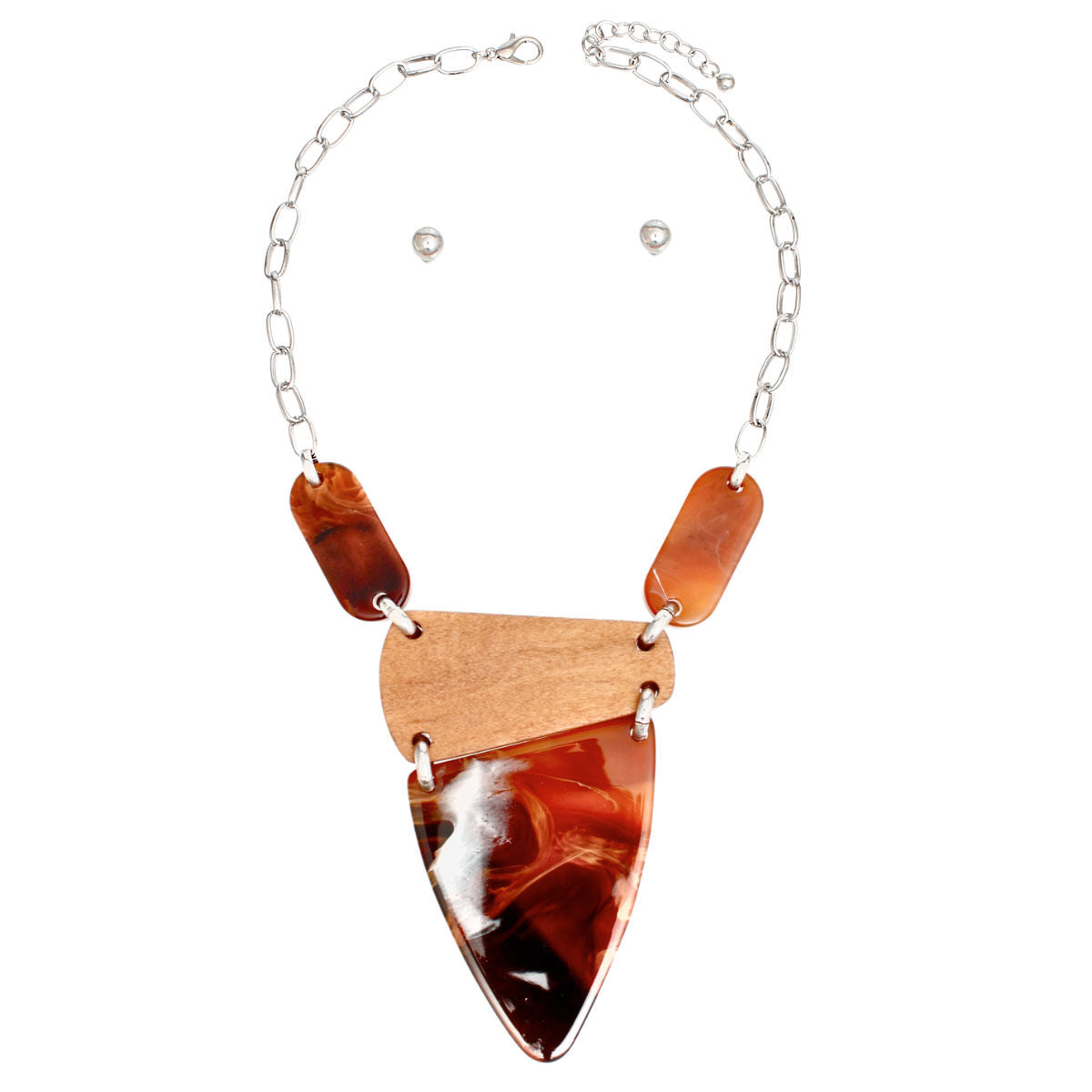 Necklace Wood Brown Marble Pendant Silver Set