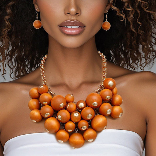 Bib Chunky Brown Wood Bead Chainmaille Necklace