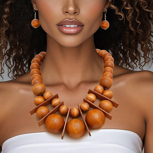 Bib Chunky Brown Wood Geometric Bead Necklace