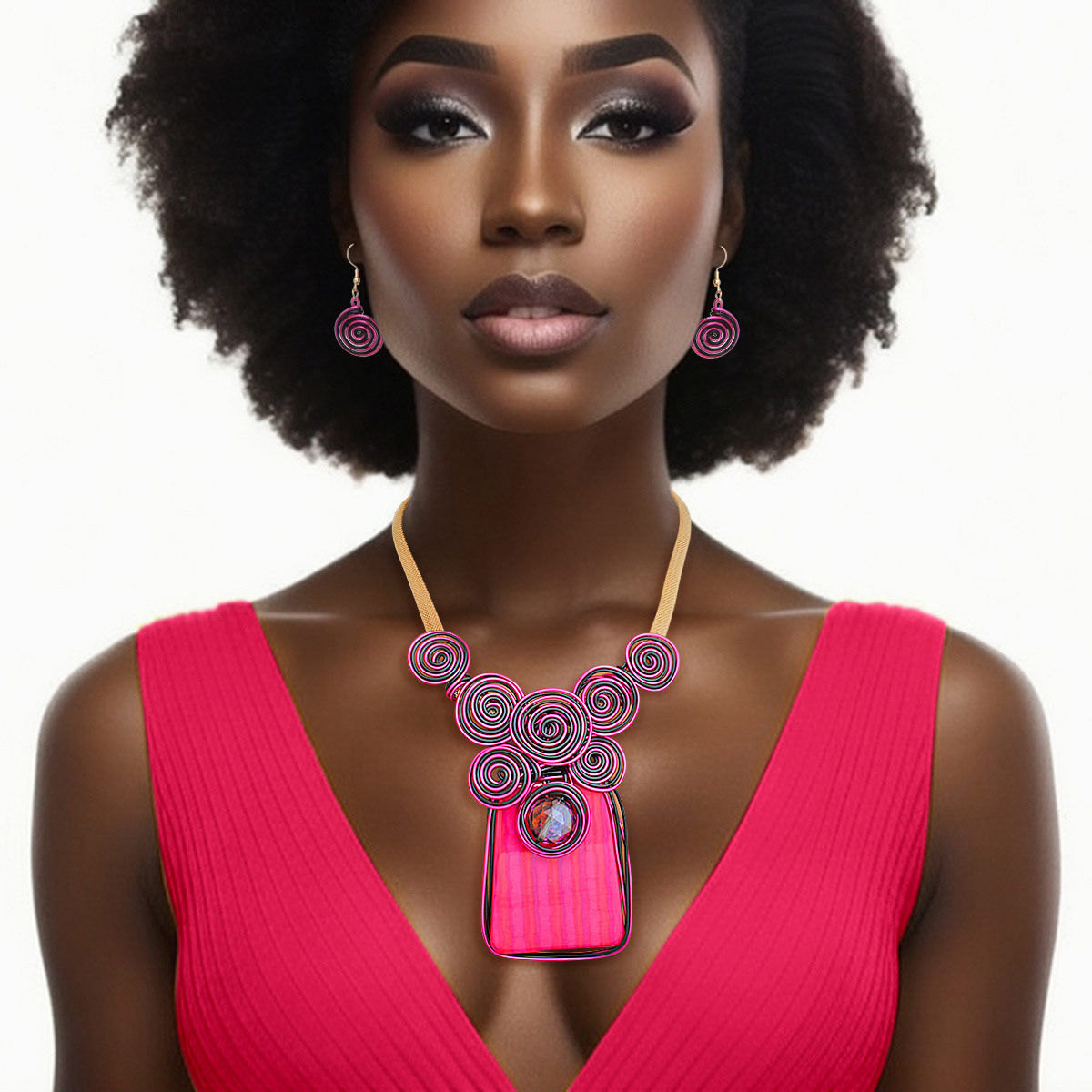 Necklace Vibrant Fuchsia Striped Pendant Set Women