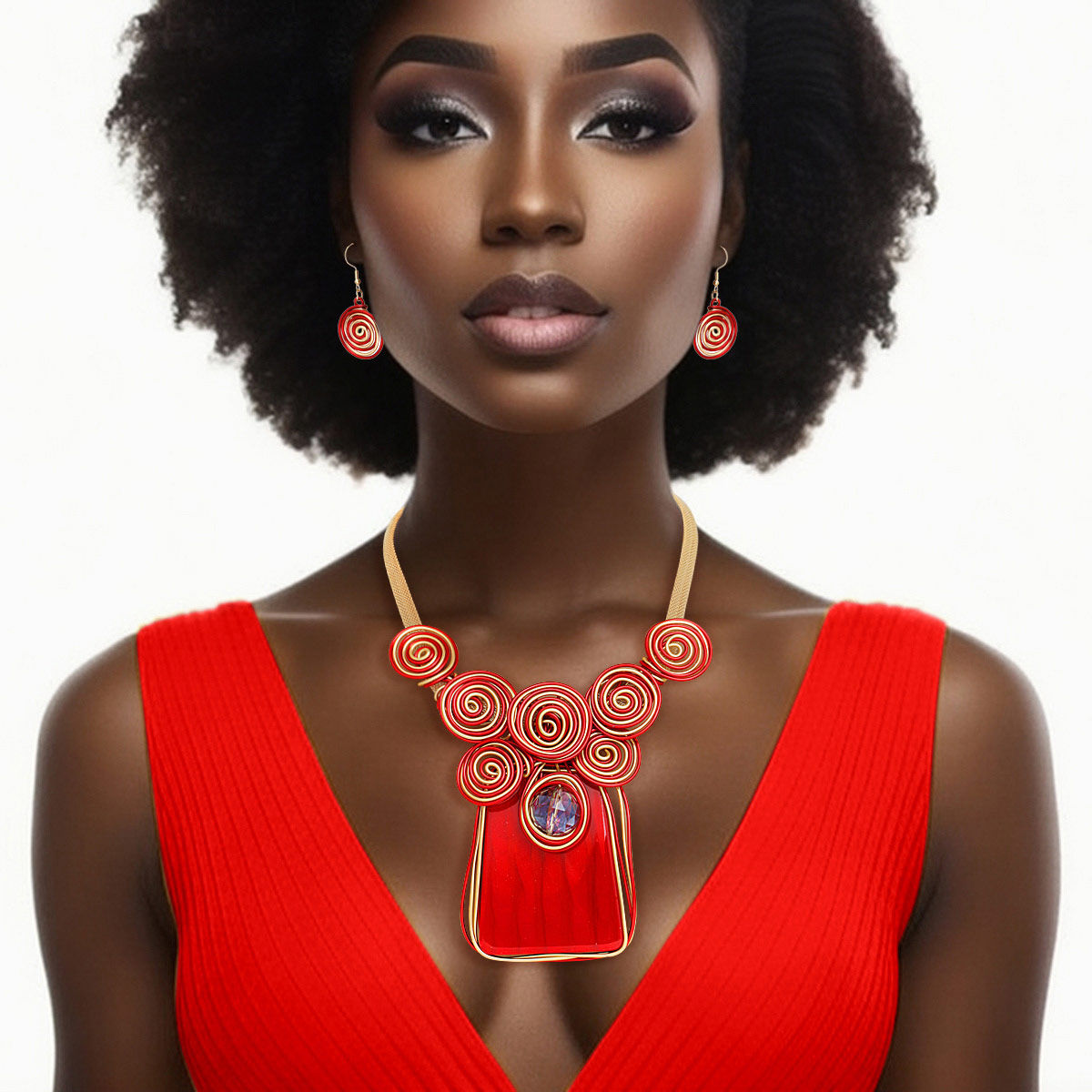 Necklace Vibrant Red Striped Pendant Set Women