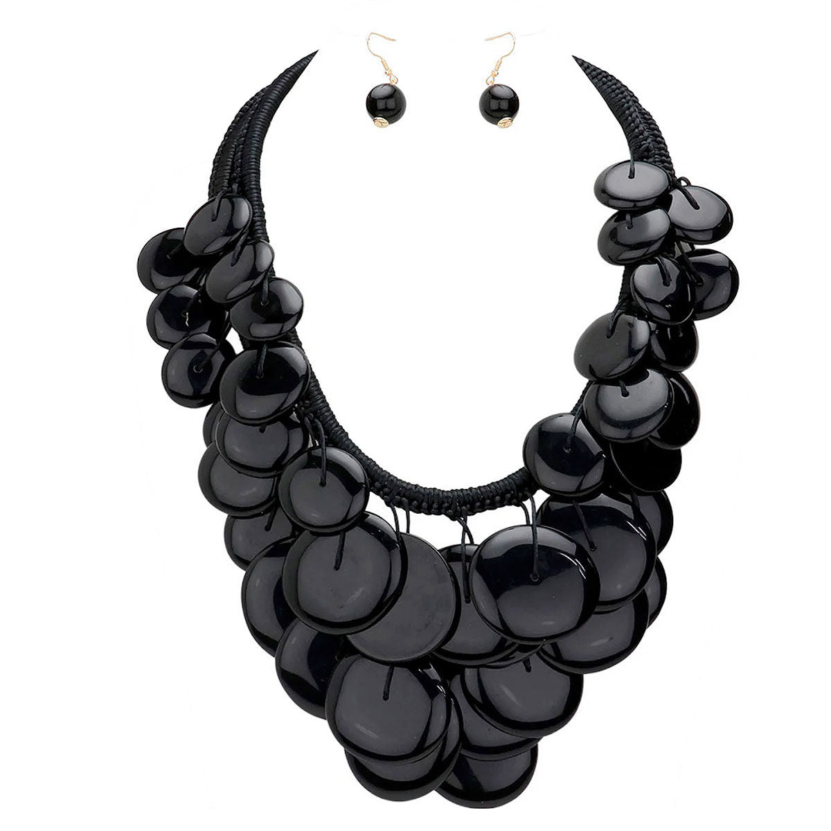 Necklace Dramatic Long Black Cord and Disc Set