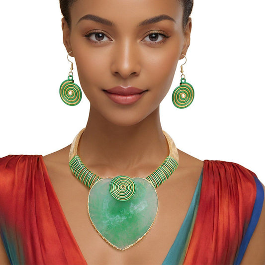 Collar Green Large Resin Agate Slice Pendant Set