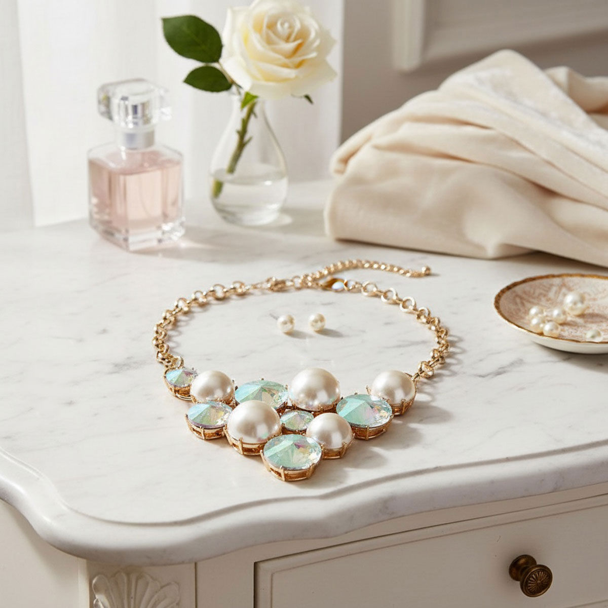 Bib Chunky Aurbo Crystal Pearl Evening Necklace