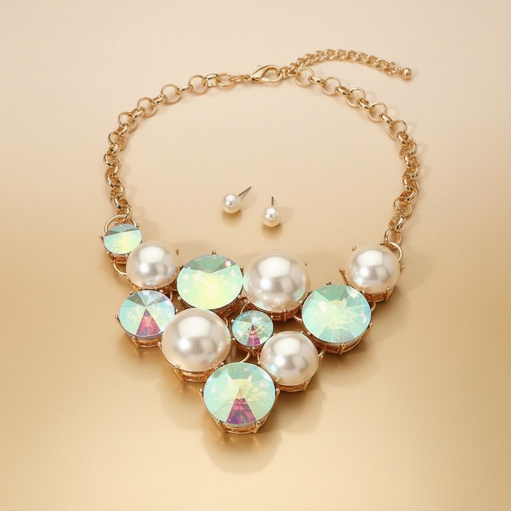 Bib Chunky Aurbo Crystal Pearl Evening Necklace