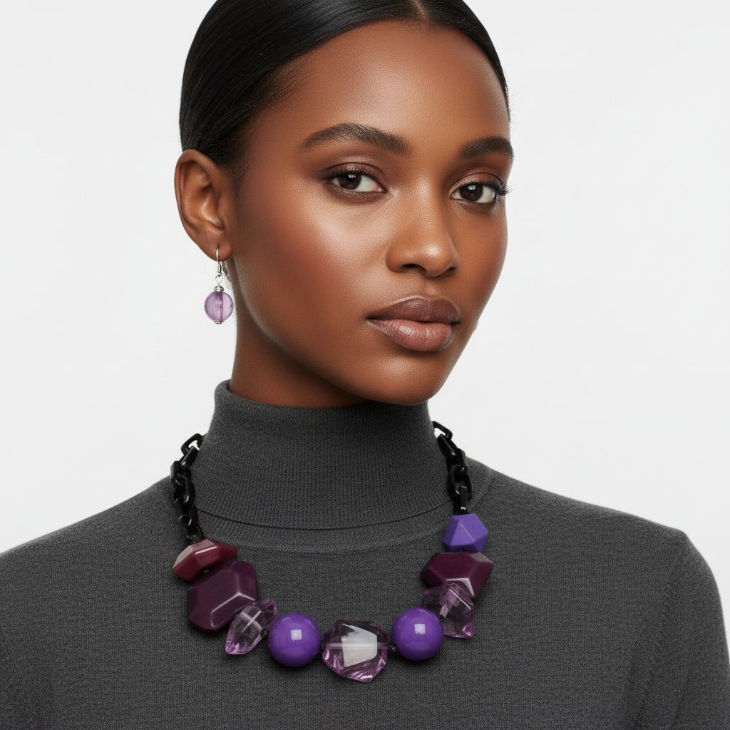 Beaded Purple Chunky Mixed Bead Tribal Necklace