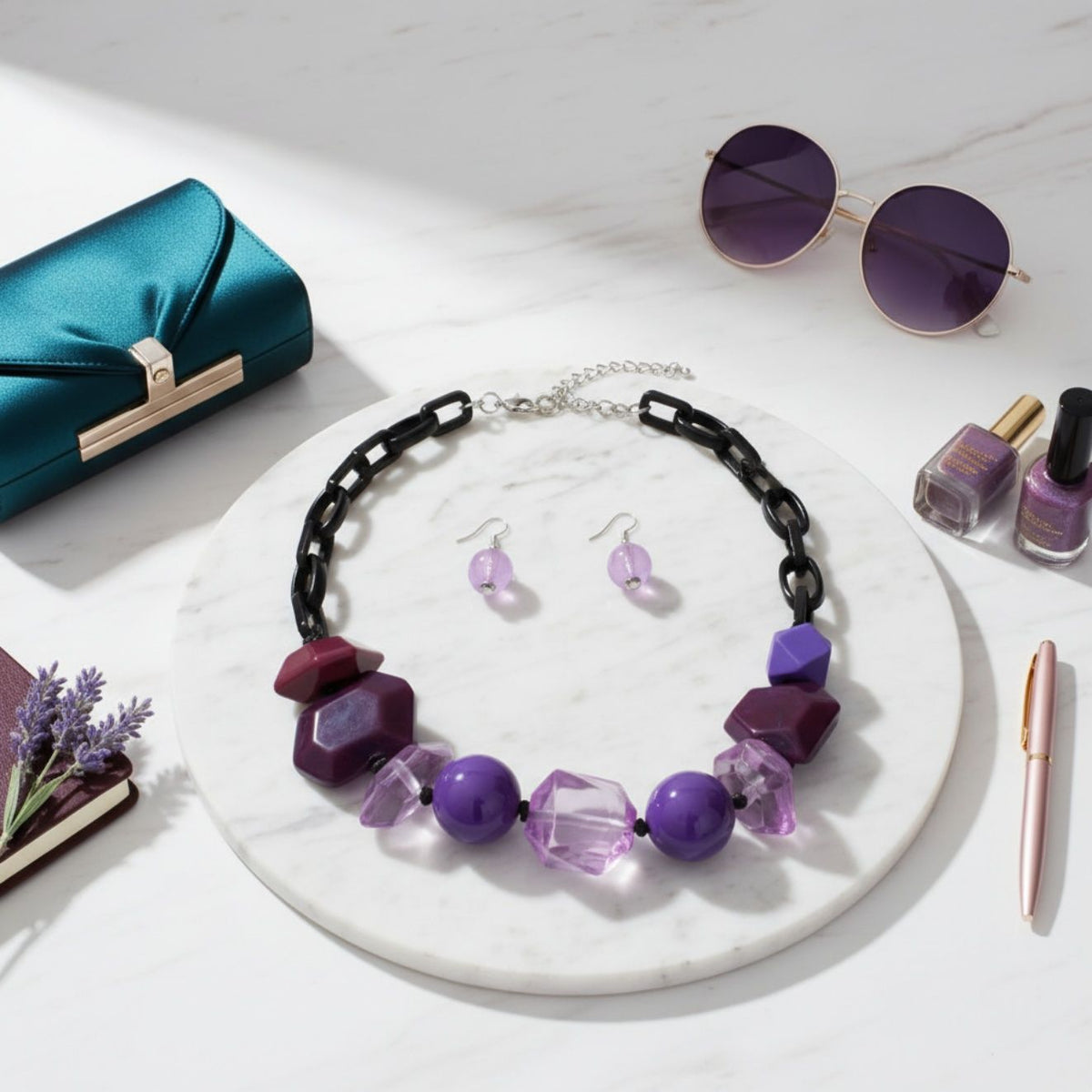 Beaded Purple Chunky Mixed Bead Tribal Necklace