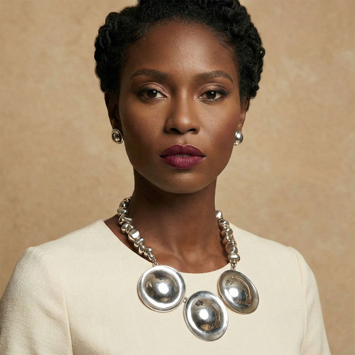 Bib Polished Silver Sculptural Metal Disc Necklace