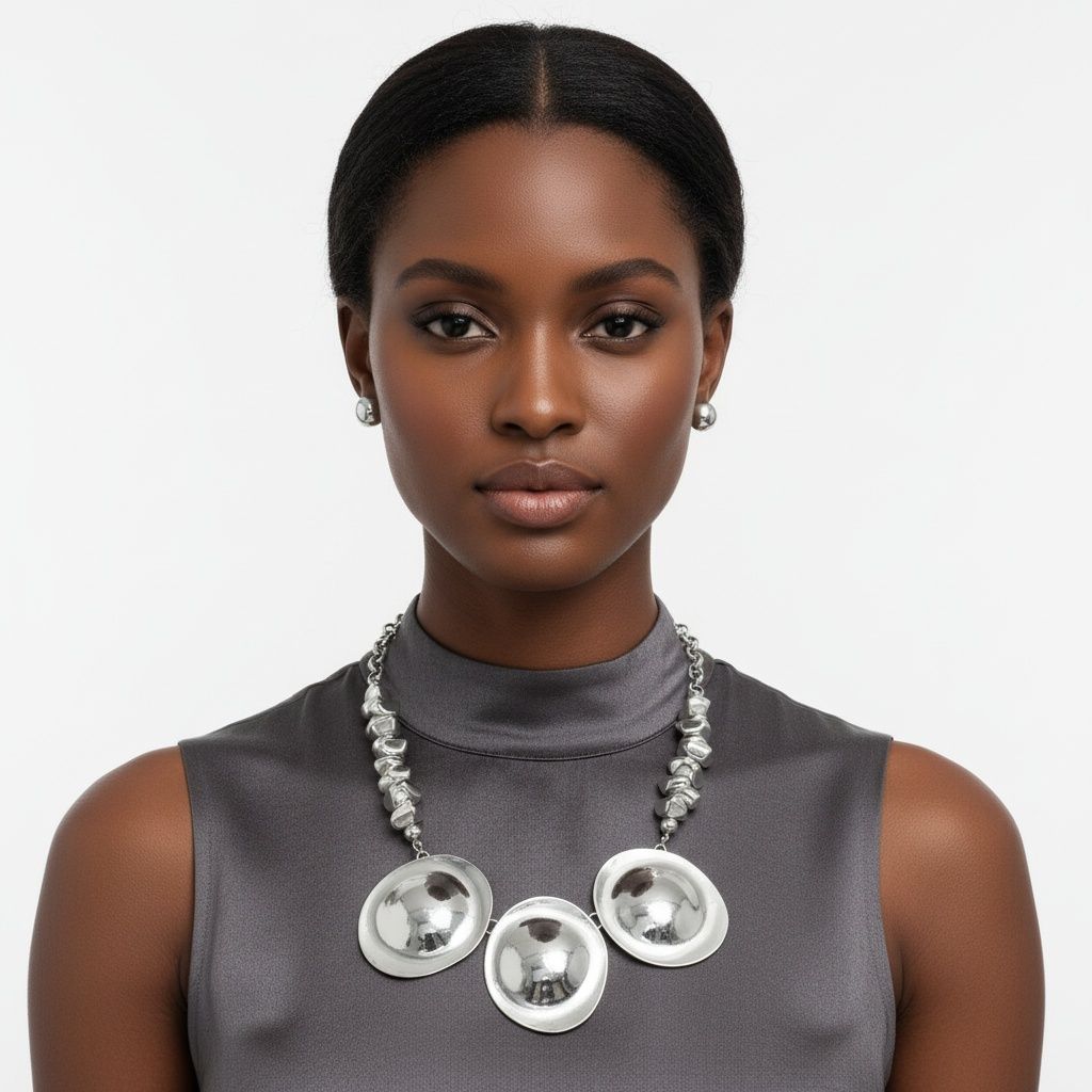 Bib Polished Silver Sculptural Metal Disc Necklace