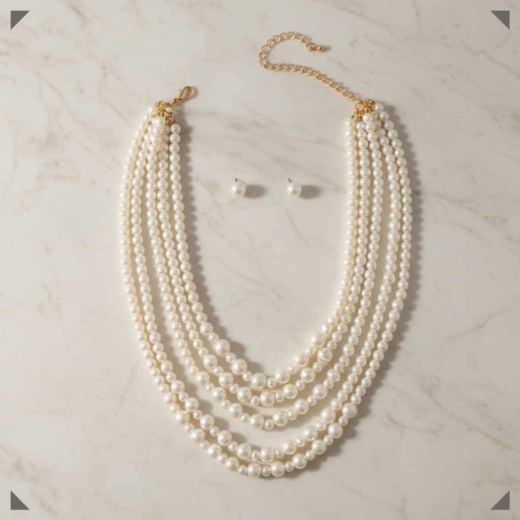 Glass Pearl Cream 5 Strand Long Layer Necklace