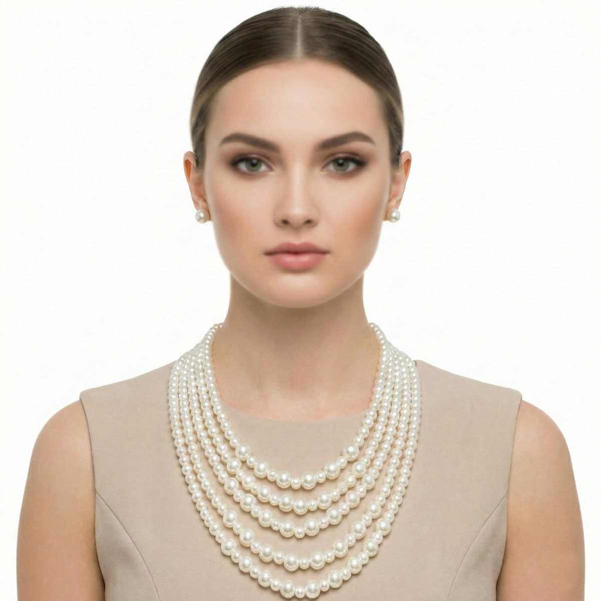 Glass Pearl Cream 5 Strand Long Layer Necklace