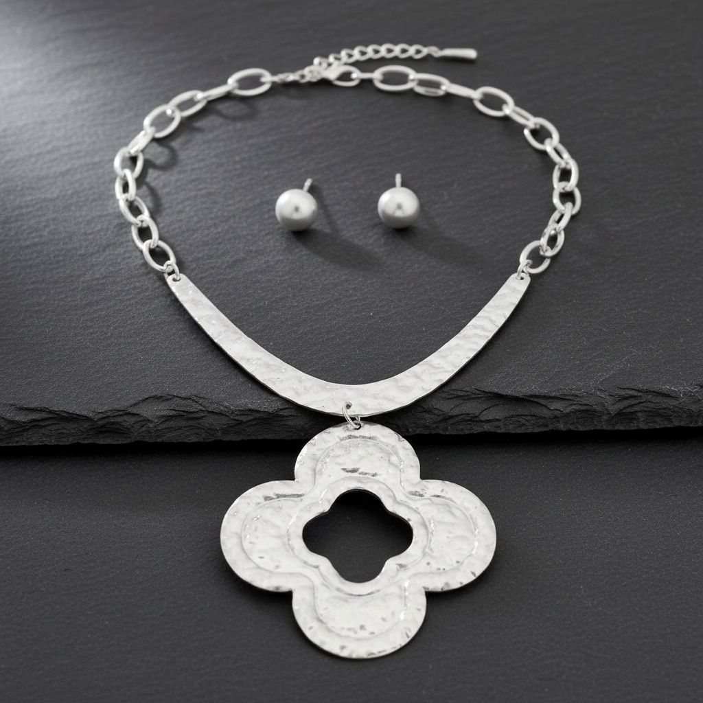Pendant Matte Silver Hammered Quatrefoil Necklace