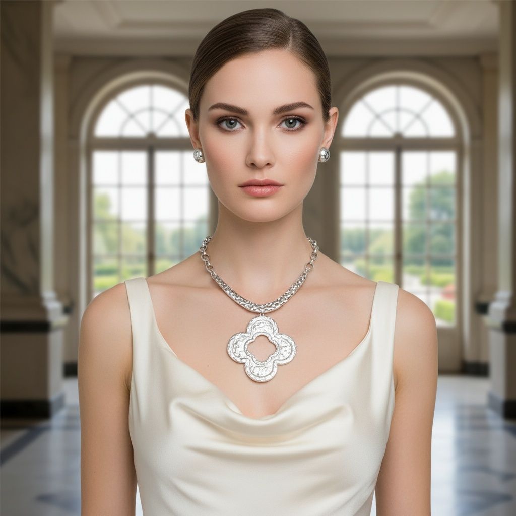 Chunky Pendant Silver Hammered Quatrefoil Necklace