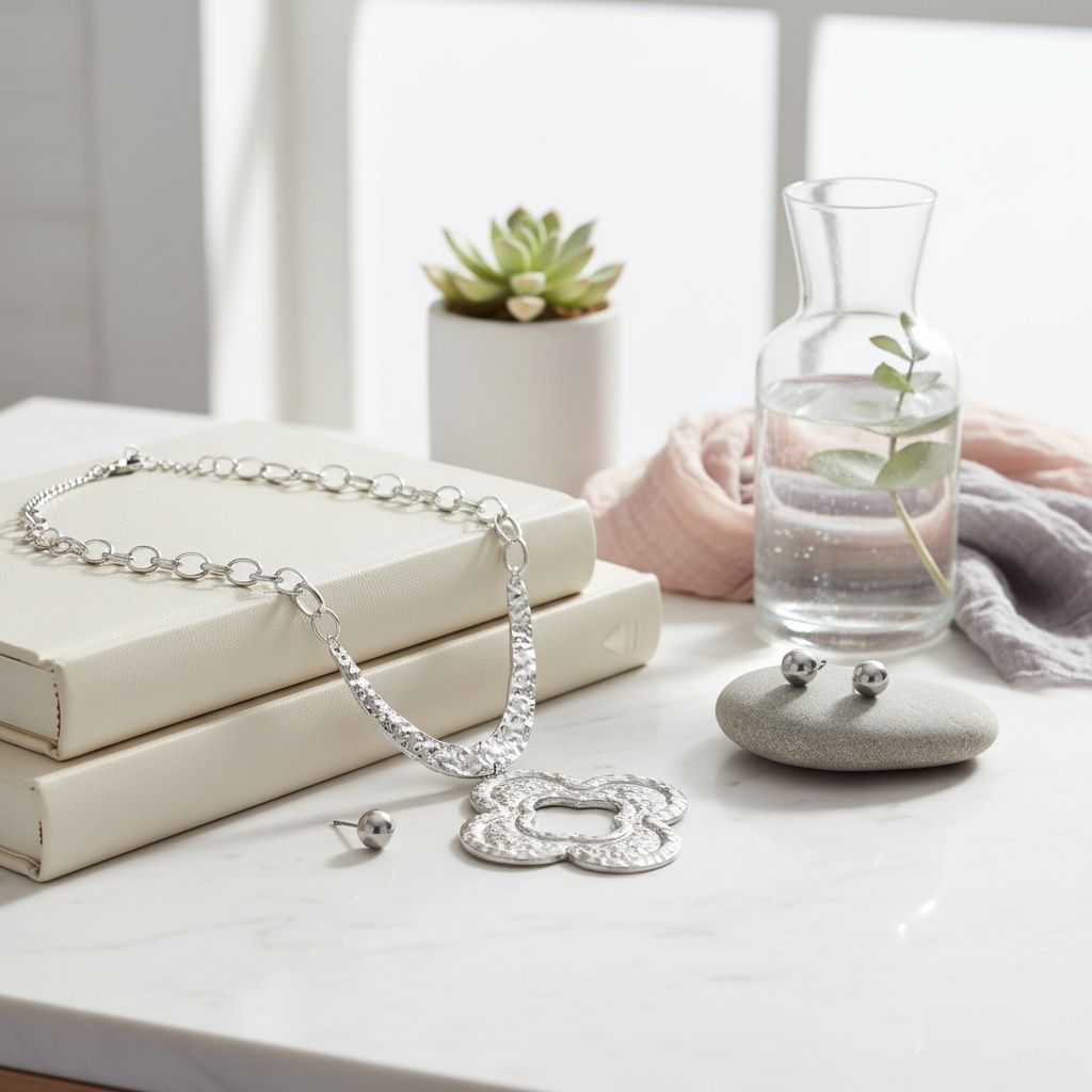 Chunky Pendant Silver Hammered Quatrefoil Necklace