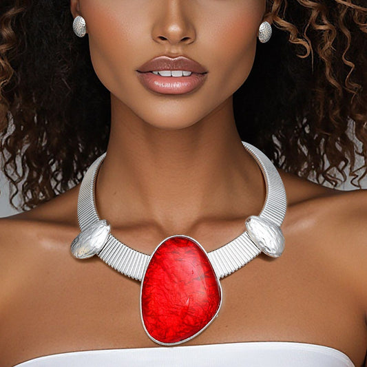Collar Silver Omega Red Resin Tribal Necklace
