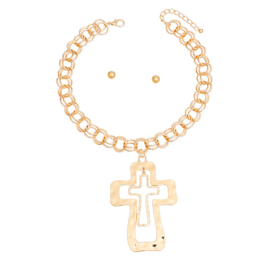 Chain Necklace Gold Double Link Cross Pendant Set