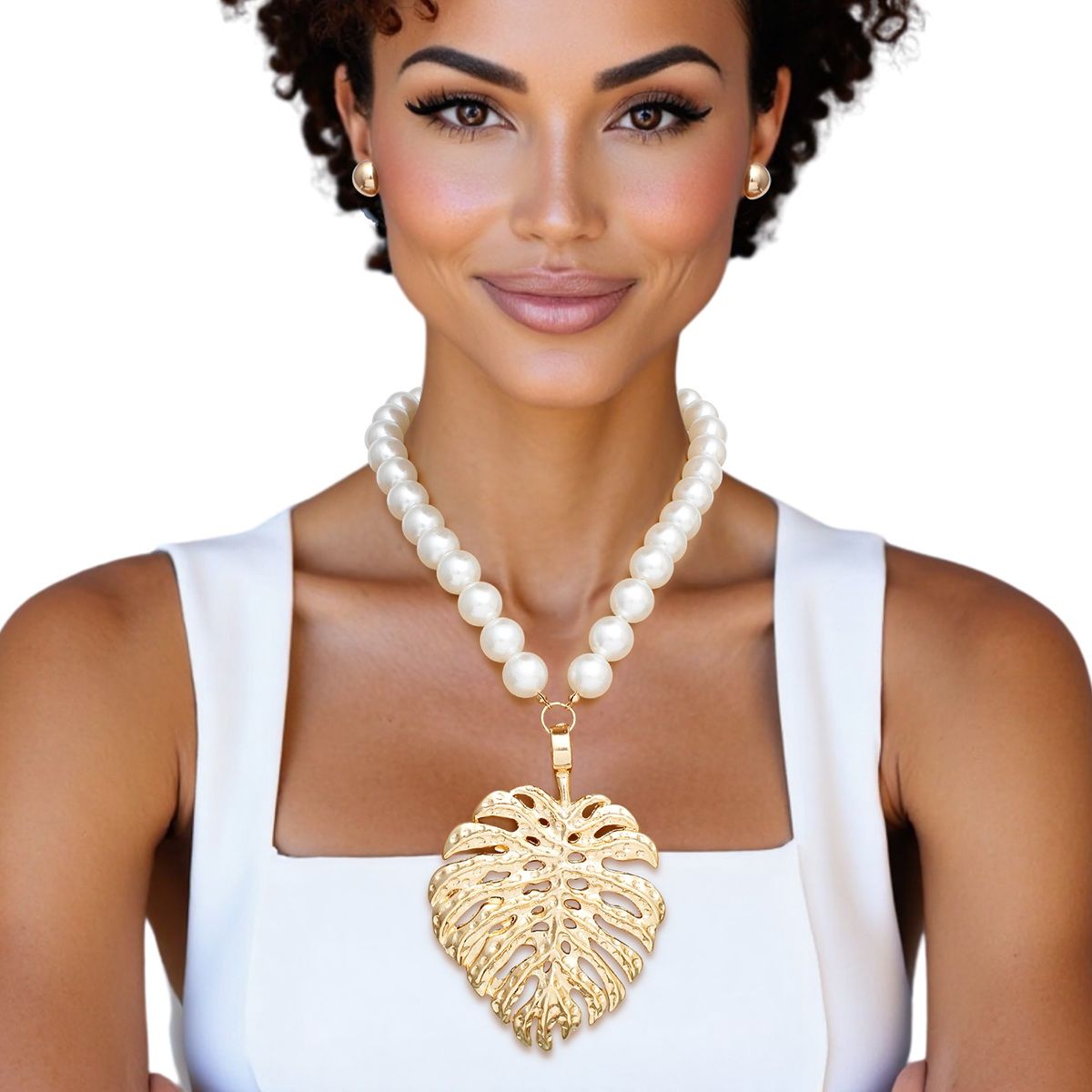 Cream Pearl Gold Palm Leaf Pendant Necklace