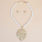 Cream Pearl Gold Palm Leaf Pendant Necklace