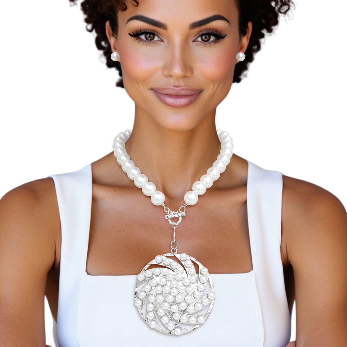 Toggle Silver Swirled Circle Chunky Pearl Necklace