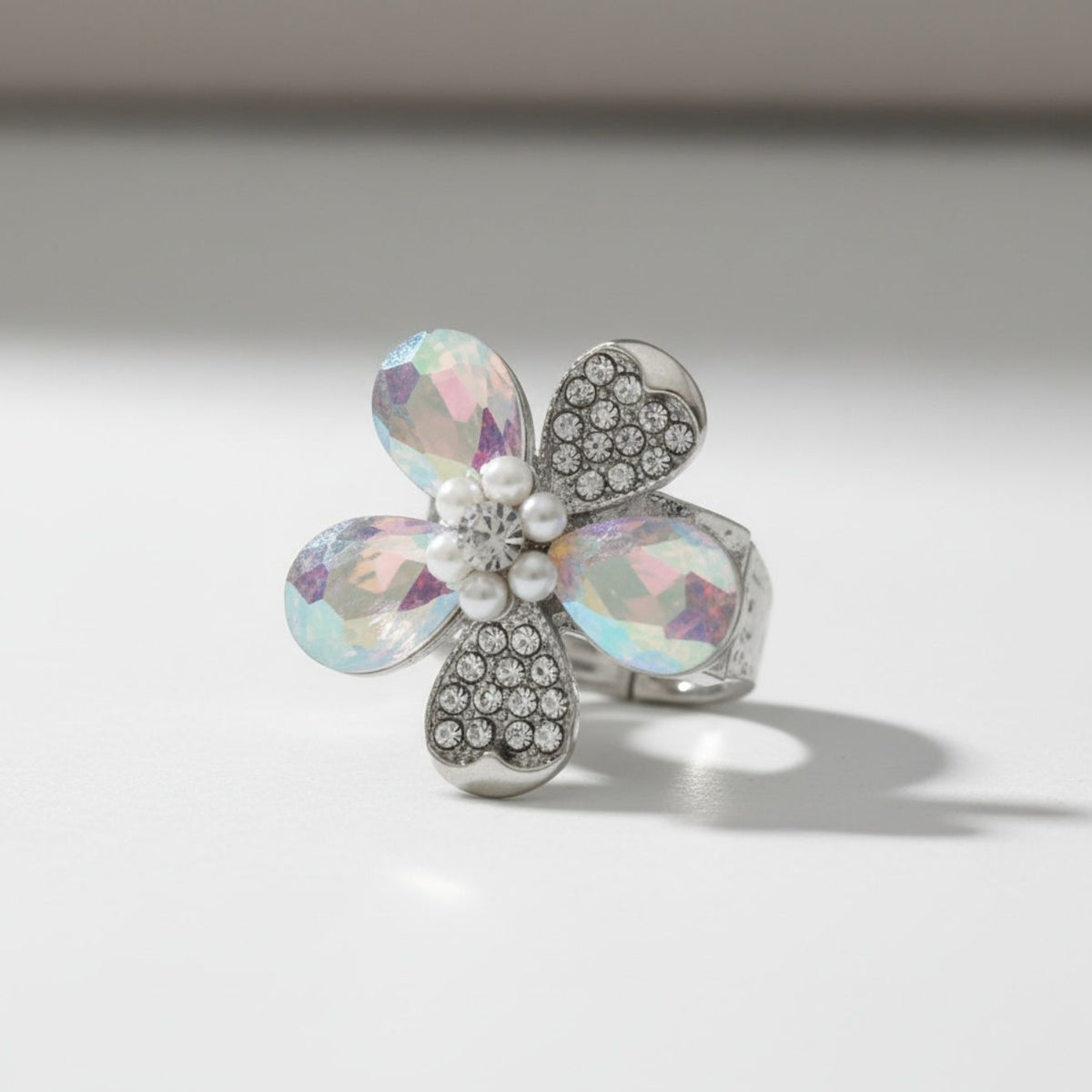 Cocktail Ring Silver Aurbo Teardrop Crystal Flower