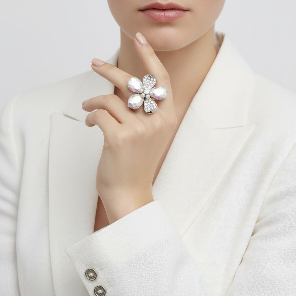 Cocktail Ring Silver Aurbo Teardrop Crystal Flower