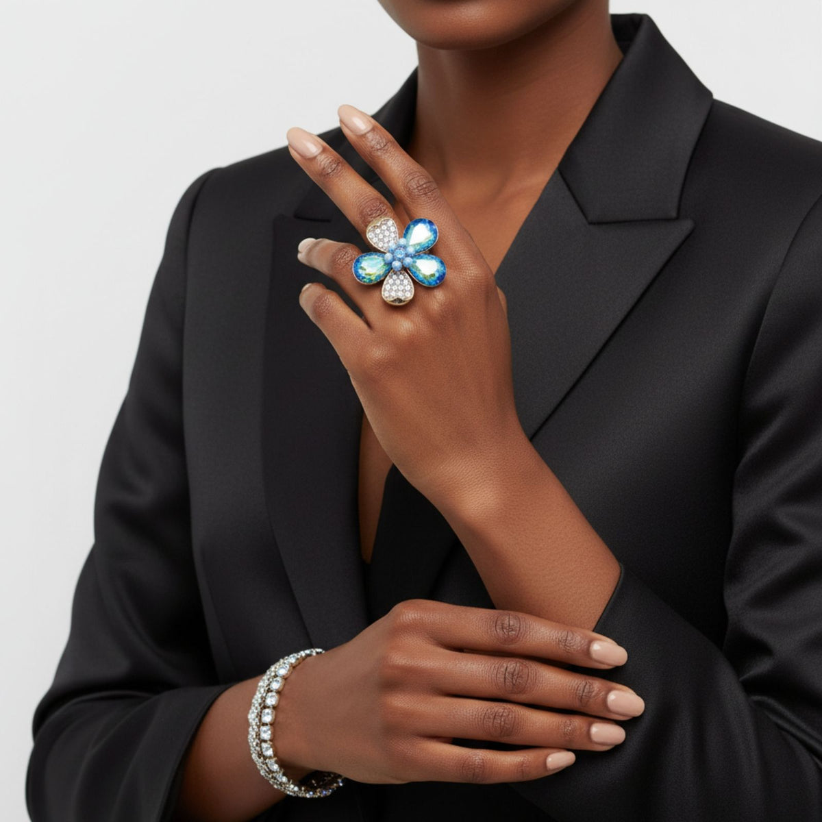 Cocktail Ring Mixed Blue Teardrop Crystal Flower