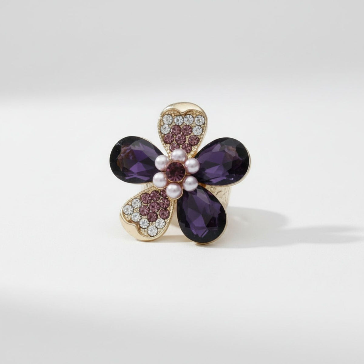 Cocktail Ring Purple Teardrop Crystal Flower Design