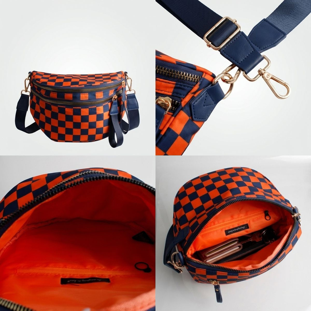 Navy & Orange Checkered Nylon Crossbody Sling Bag