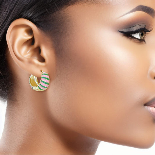 AKA 14K Gold Pink Green Striped Hoop Earrings