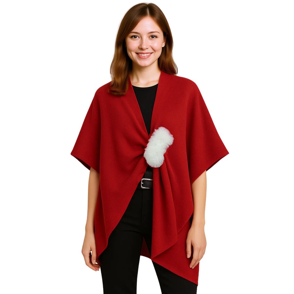 DST Sorority Red Knit Ivory Fur Ruana Scarf Wrap