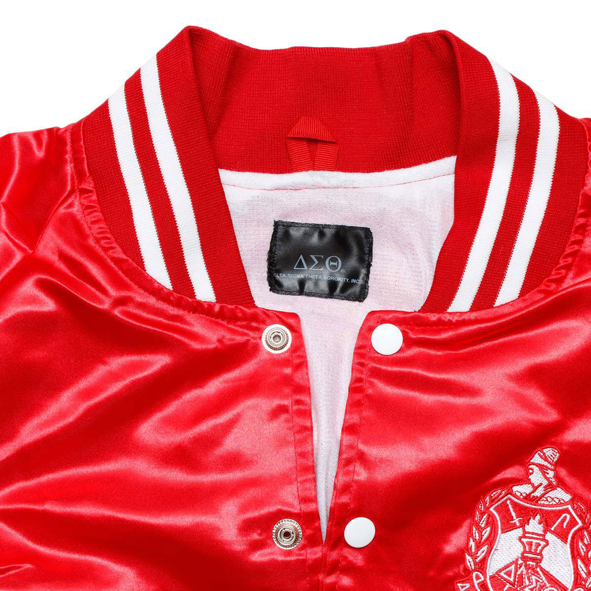 DST Greek Apparel L Cropped Satin Varsity Jacket