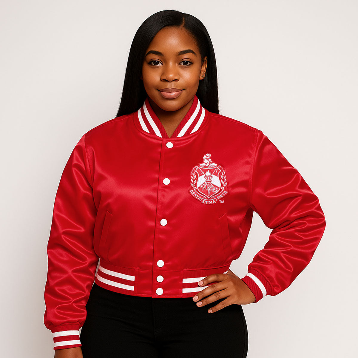 DST Greek Apparel XL Cropped Satin Varsity Jacket
