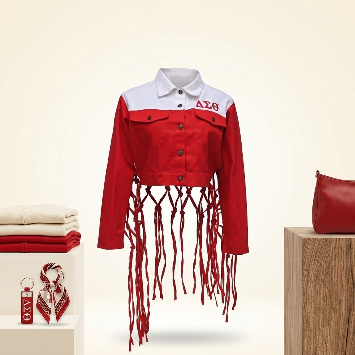 DST Apparel Small Red White Denim Fringe Jacket