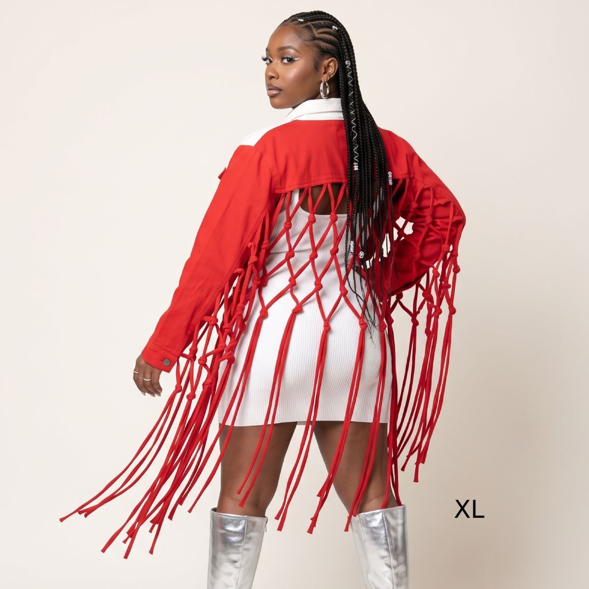 DST Apparel XLarge Red White Denim Fringe Jacket