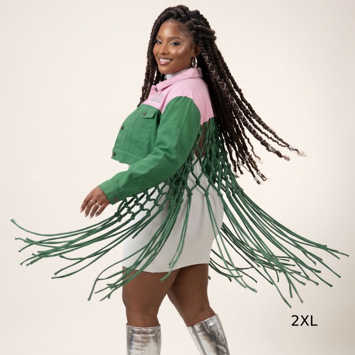 AKA Apparel 2XL Pink Green Denim Fringe Jacket
